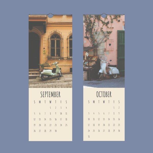 September and October wall calendar with European street scooter photos
