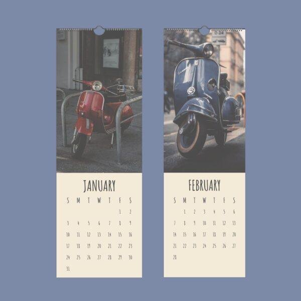 Vintage Vespa scooter wall calendar January February pages