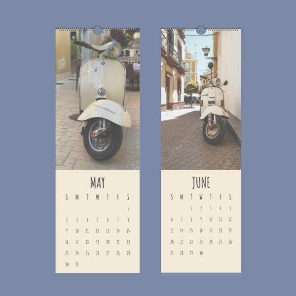 Vintage Vespa scooter wall calendar showing May and June