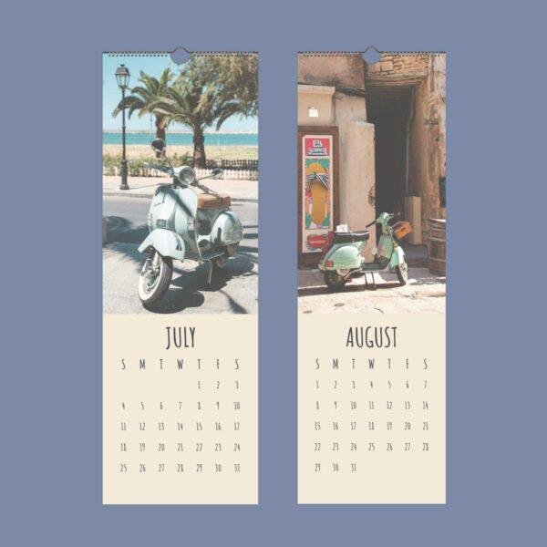 July and August wall calendar pages featuring vintage Vespa scooters
