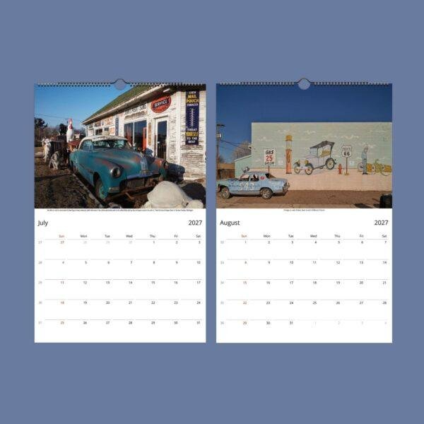 2027 wall calendar featuring vintage cars and Route 66 scenes