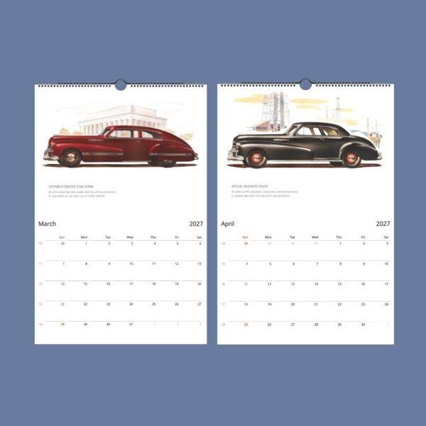 2027 vintage classic car wall calendar March and April
