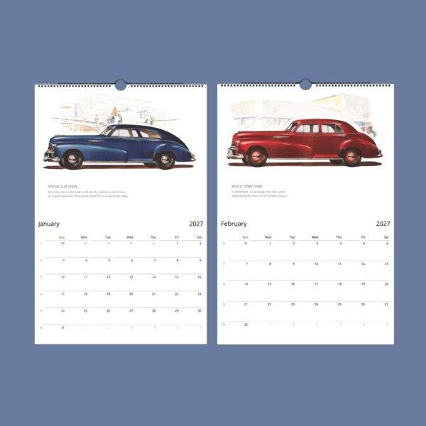 2027 wall calendar featuring vintage classic car illustrations