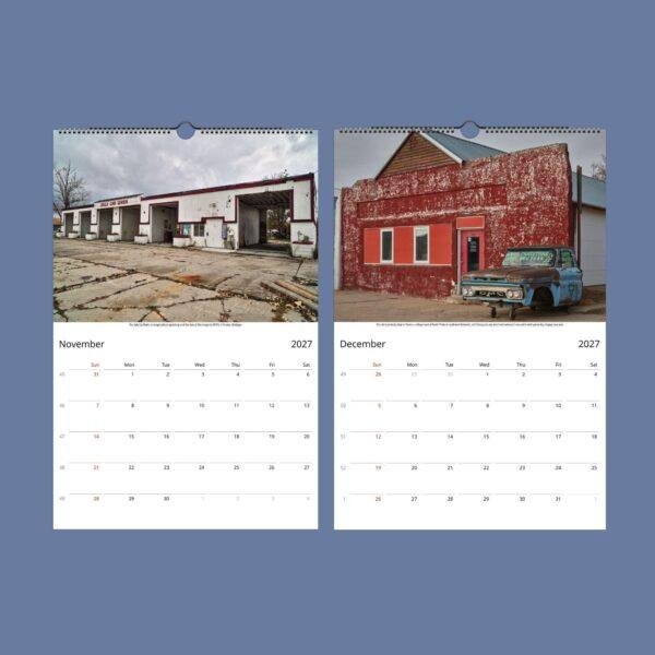 2027 wall calendar showing November and December abandoned Americana scenes