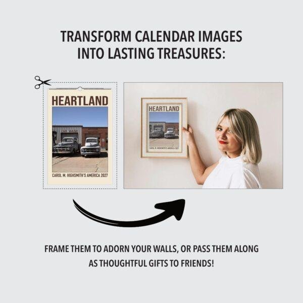 Woman framing Heartland calendar image as wall art