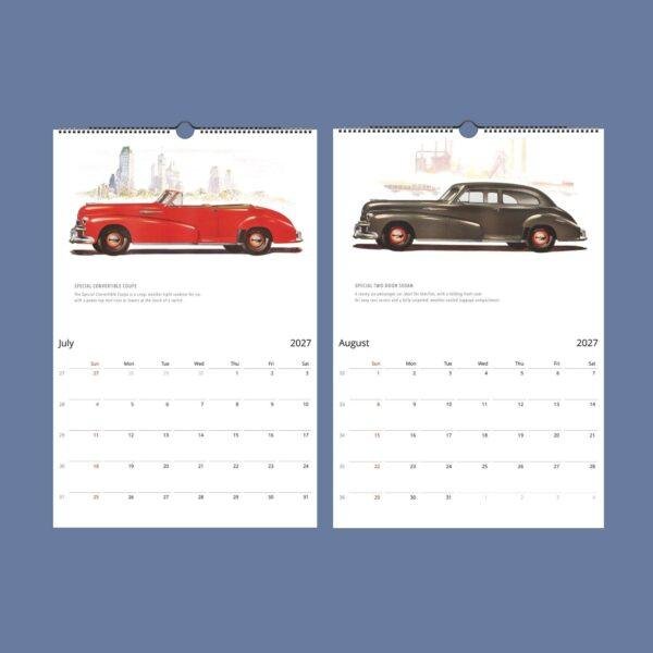 2027 vintage car wall calendar showing July and August pages