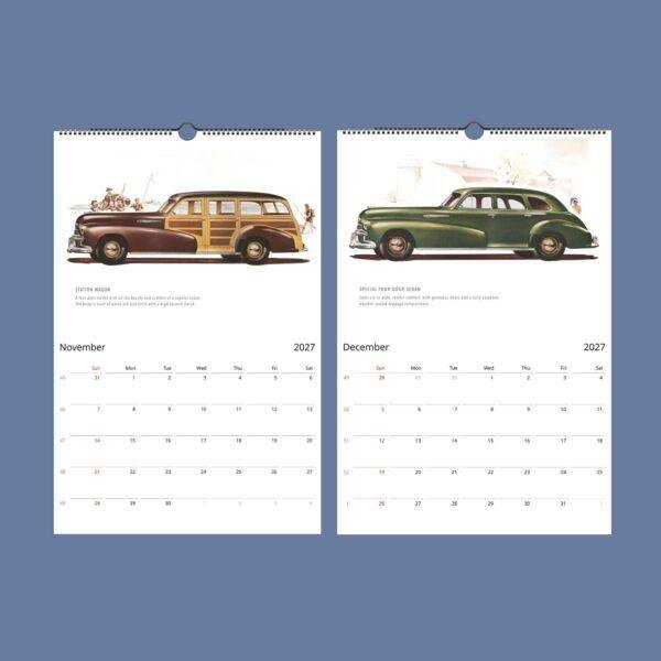 2027 vintage car wall calendar showing November and December