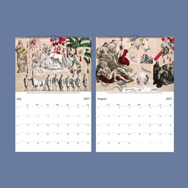 2027 wall calendar July August pages with classical art collages