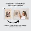 Woman framing Veins of Crimson calendar art on wall