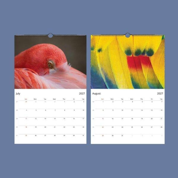 2027 wall calendar featuring flamingo and colorful feathers