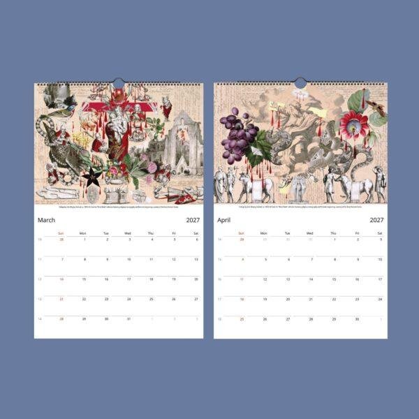 2027 wall calendar showing March and April with vintage collage art