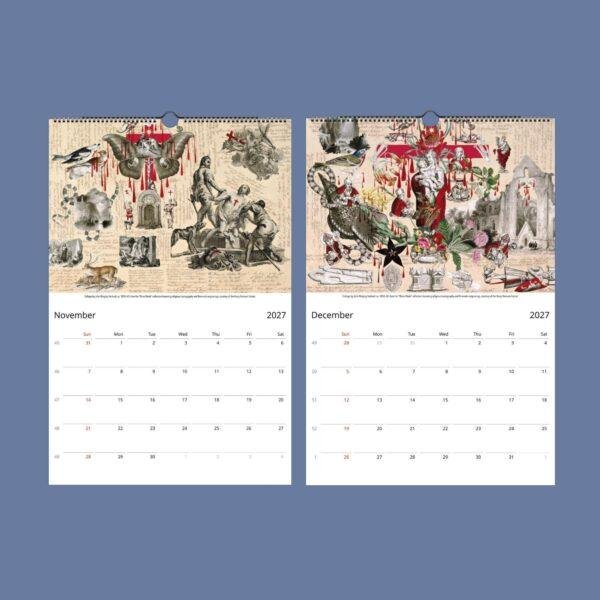 2027 wall calendar showing November and December with vintage collage art