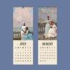 July and August wall calendar pages with Victorian painting artwork