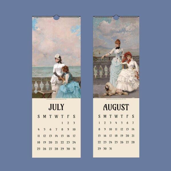 July and August wall calendar pages with Victorian painting artwork