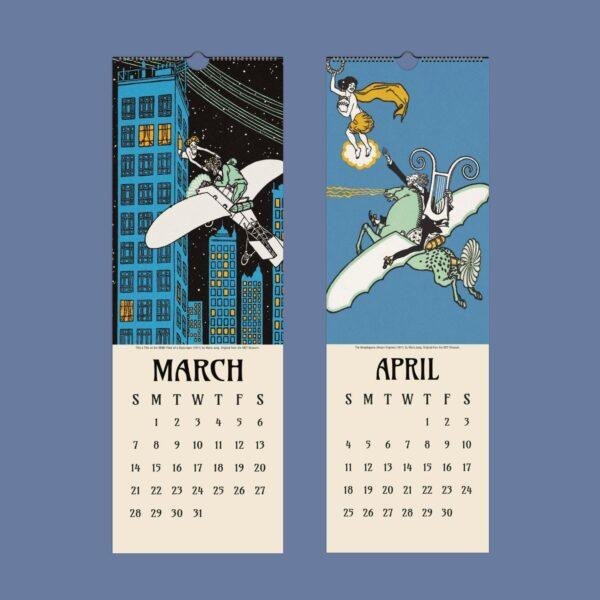 March and April vintage art calendar pages with whimsical illustrations