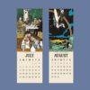 July and August wall calendar pages with vintage illustrated artwork