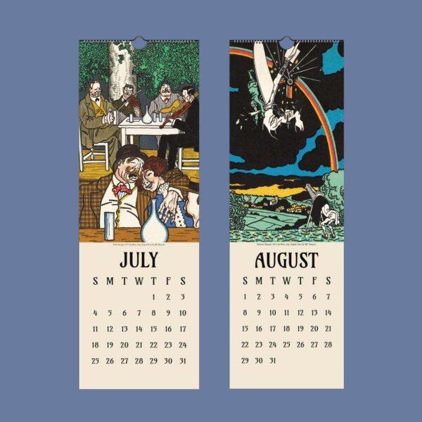 July and August wall calendar pages with vintage illustrated artwork