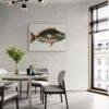 Modern dining room with vintage fish art print on wall