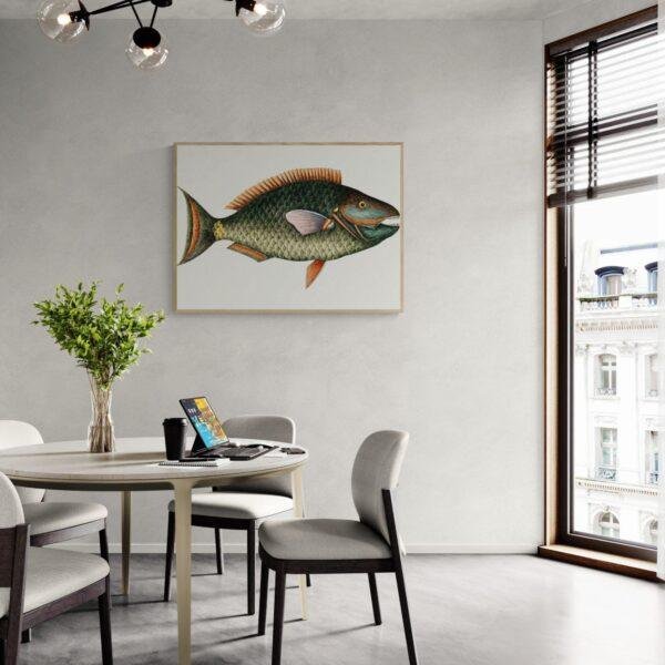 Modern dining room with vintage fish art print on wall