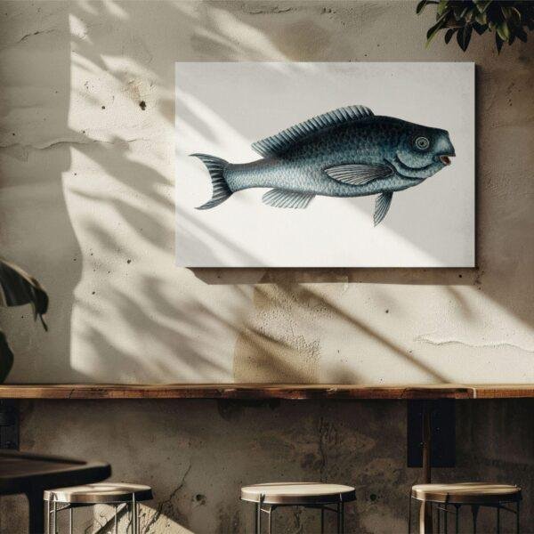 Vintage blue fish illustration canvas art in cafe