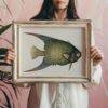 Woman holding vintage fish illustration in rustic white frame