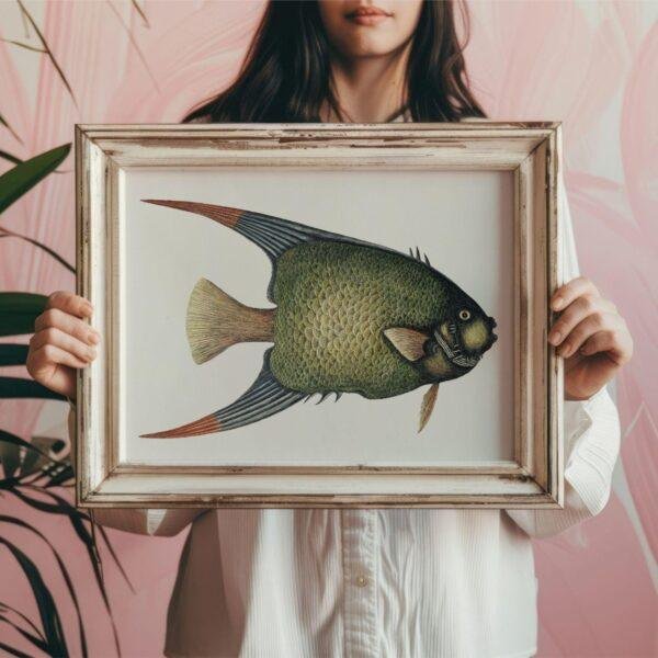 Woman holding vintage fish illustration in rustic white frame