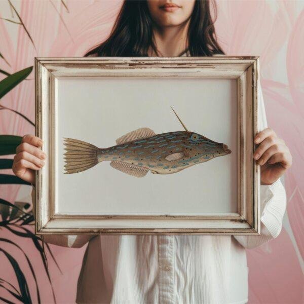 Woman holding framed vintage fish illustration art print