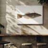 Vintage fish illustration canvas art on rustic cafe wall