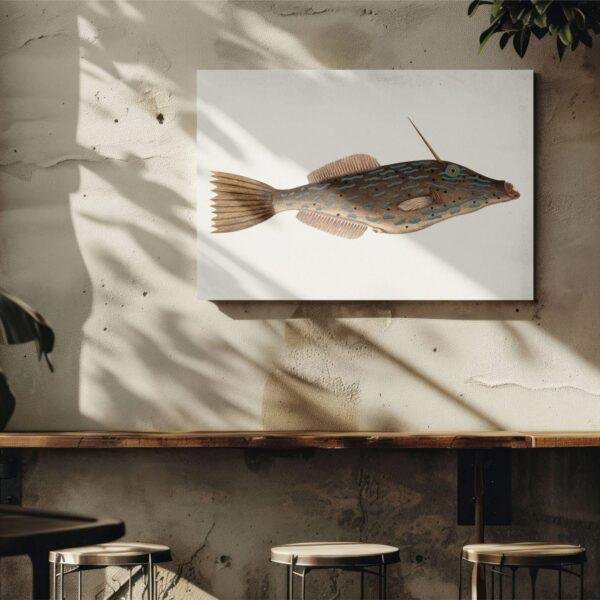 Vintage fish illustration canvas art on rustic cafe wall