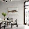 Modern dining room with vintage fish illustration wall art