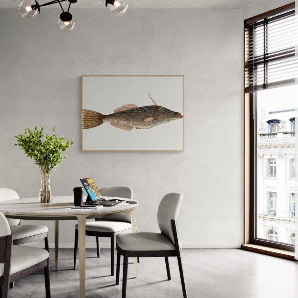 Modern dining room with vintage fish illustration wall art