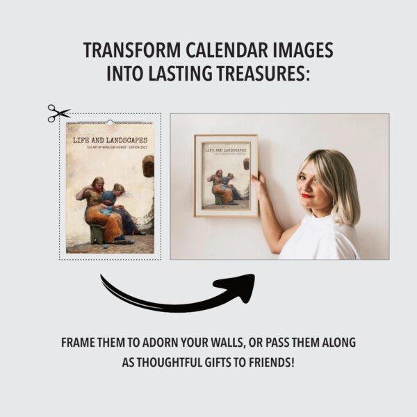 Woman framing Winslow Homer calendar art on wall
