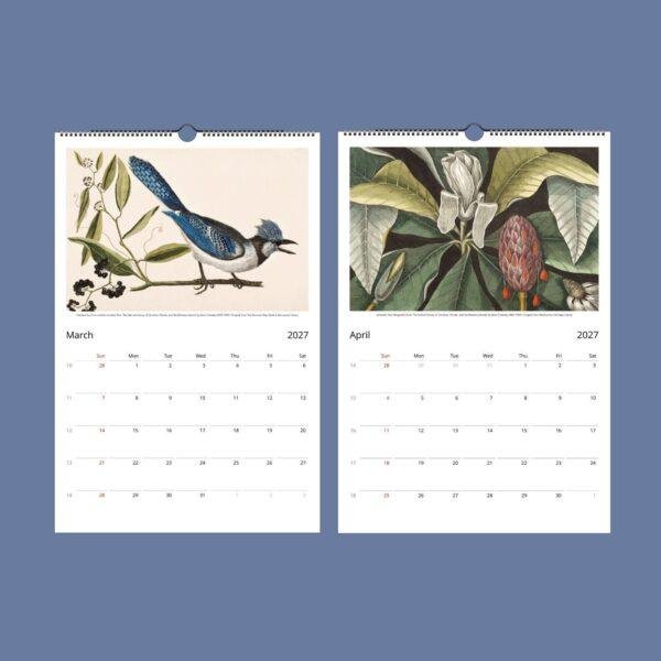 2027 wall calendar March April botanical bird illustrations