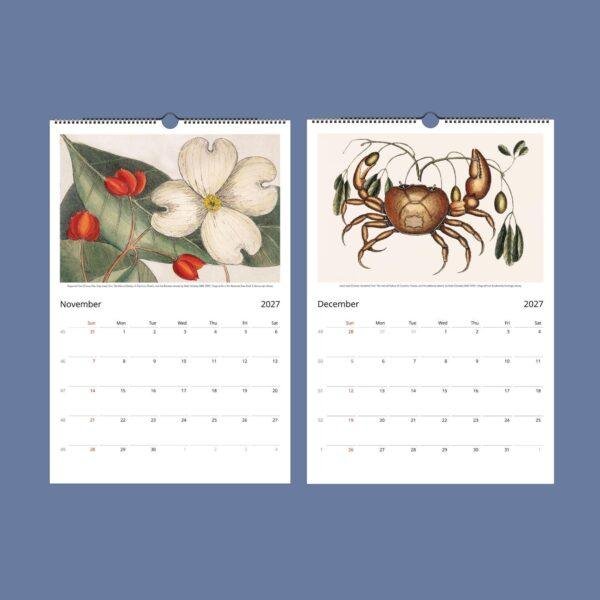 2027 wall calendar showing November and December botanical illustrations