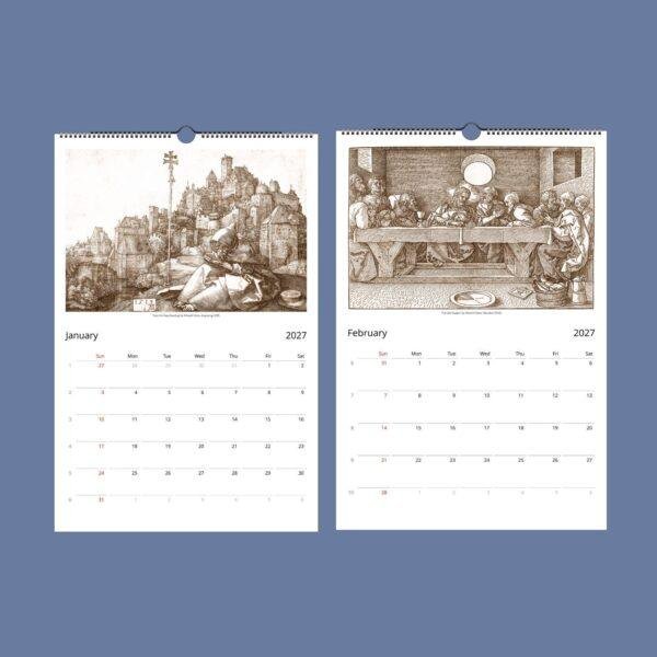2027 wall calendar featuring Albrecht Dürer engravings January February