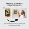 Woman framing Albrecht Dürer calendar art on wall