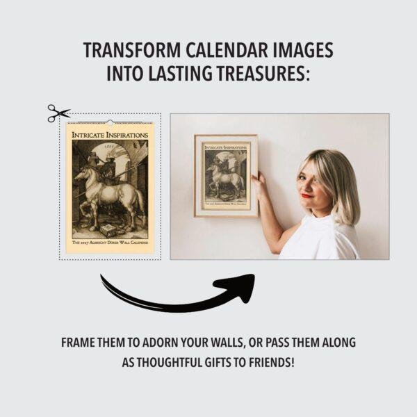 Woman framing Albrecht Dürer calendar art on wall