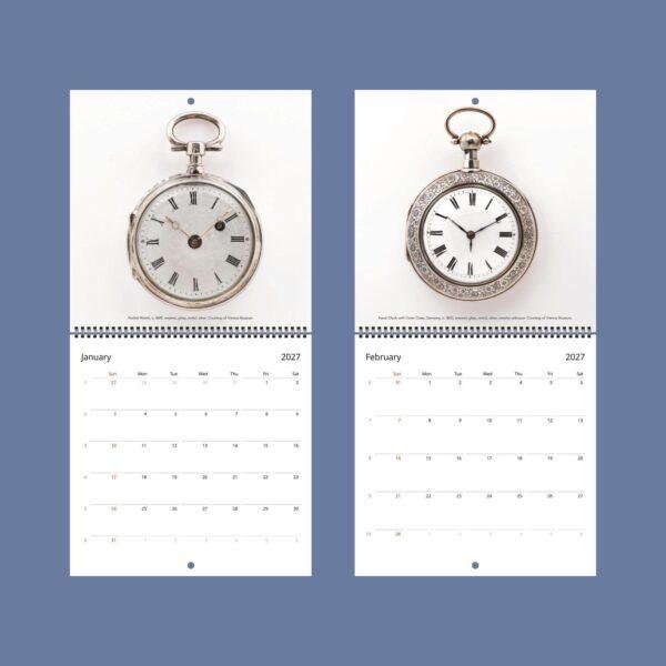 2027 wall calendar featuring antique pocket watches for January and February