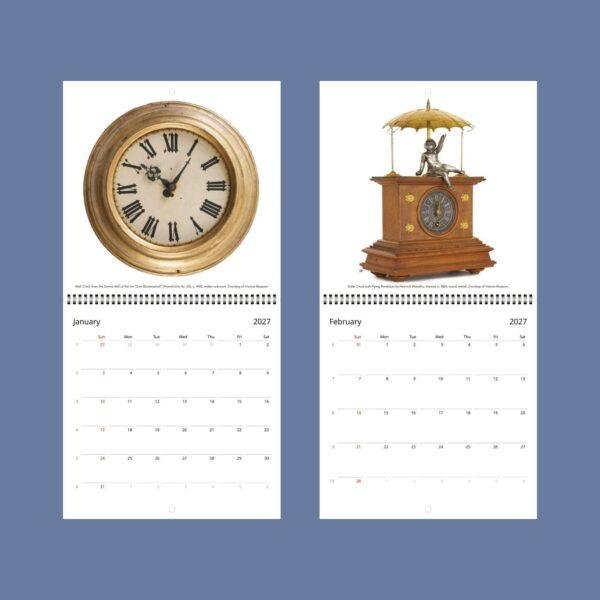 2027 wall calendar featuring antique clocks for January February