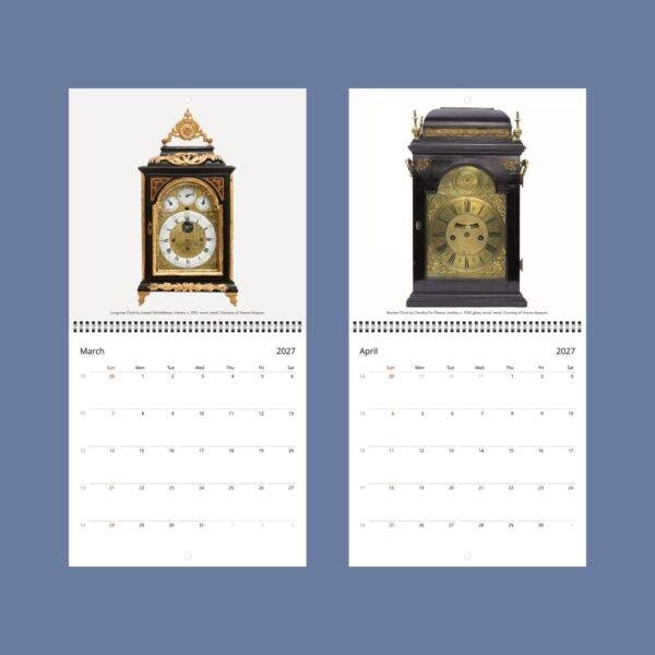 2027 wall calendar featuring antique clocks for March and April