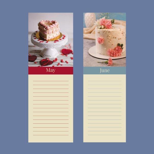 May and June cake-themed notepad pages with lined sections