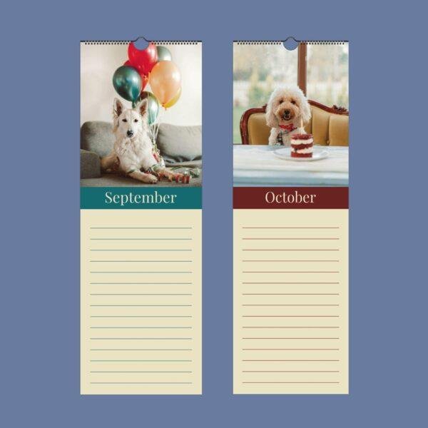 Dog-themed wall calendar showing September and October pages