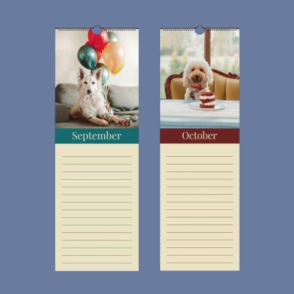 Dog-themed wall calendar showing September and October pages