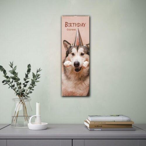 Husky dog birthday calendar hanging on green wall
