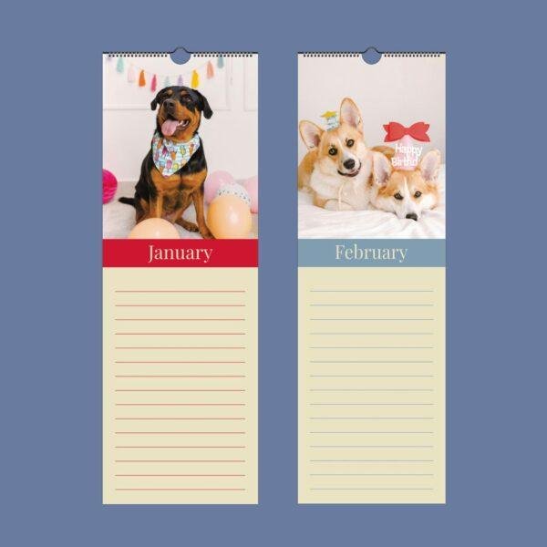 Dog-themed wall calendar showing January and February pages