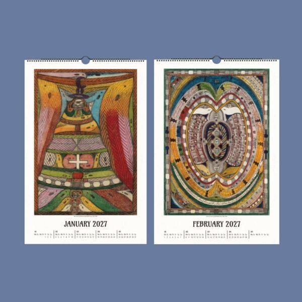 Two 2027 wall calendars featuring colorful folk art illustrations