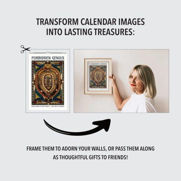 Woman framing Forbidden Genius calendar art on wall