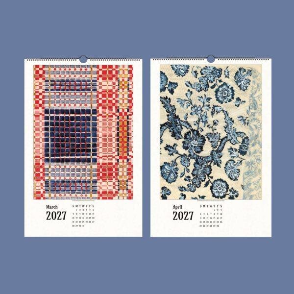 2027 wall calendar showing March and April textile art pages