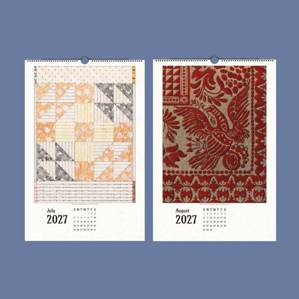 Two 2027 wall calendars featuring textile art designs