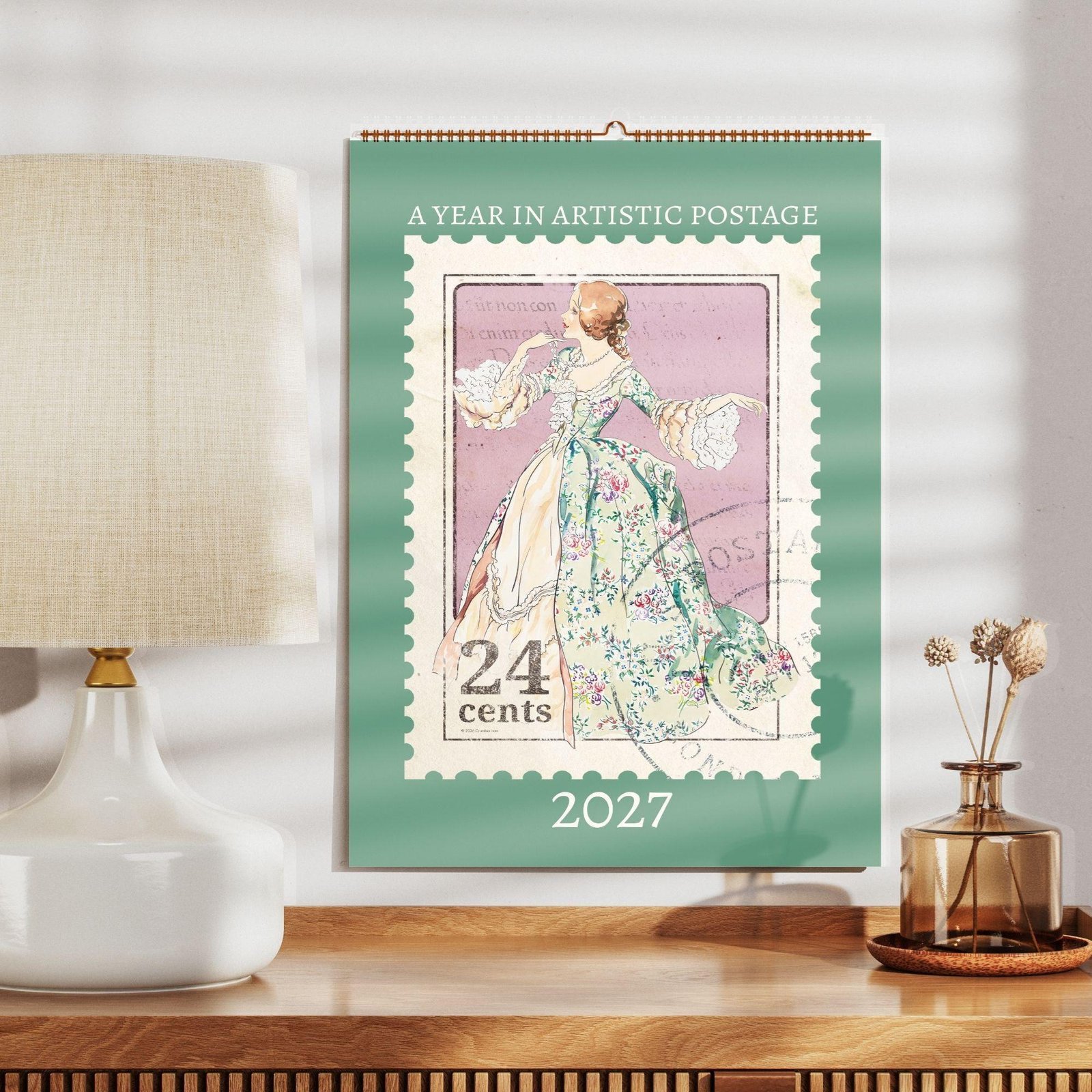2027 artistic postage stamp wall calendar with Victorian lady